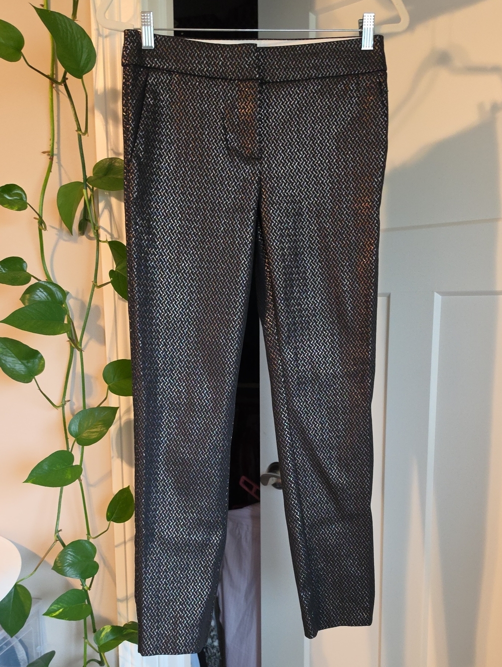 LOFT Black Metallic Patterned Cropped Ankle Pants